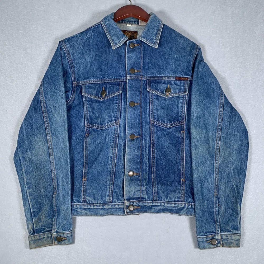 Vintage Lucky Star Denim Trucker Jacket Mens Small Blue Cotton Medium Wash